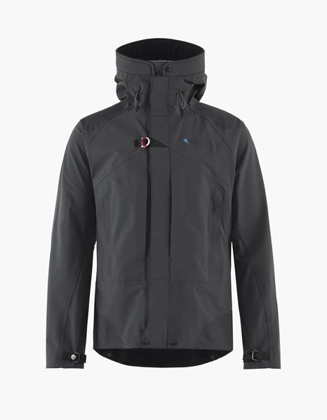 Klättermusen Brede 2.0 expedition shell jacket in black color with hood. 